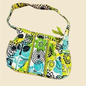 Vera Bradley Quilted Shoulder Bag Green Blue Floral Cotton Purse Small Handbag